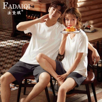 

Method dai qi Summer Couples Pajamas Single White Pajamas T-shirt Casual Comfortable Natural Set Home Wear-