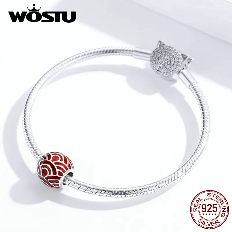 WOSTU 925 пробы серебра китайский красный бисер фонарь, с надписью "Lucky Charm", подходят к оригинальному браслету кулон год подарок ювелирные изделия CTC133