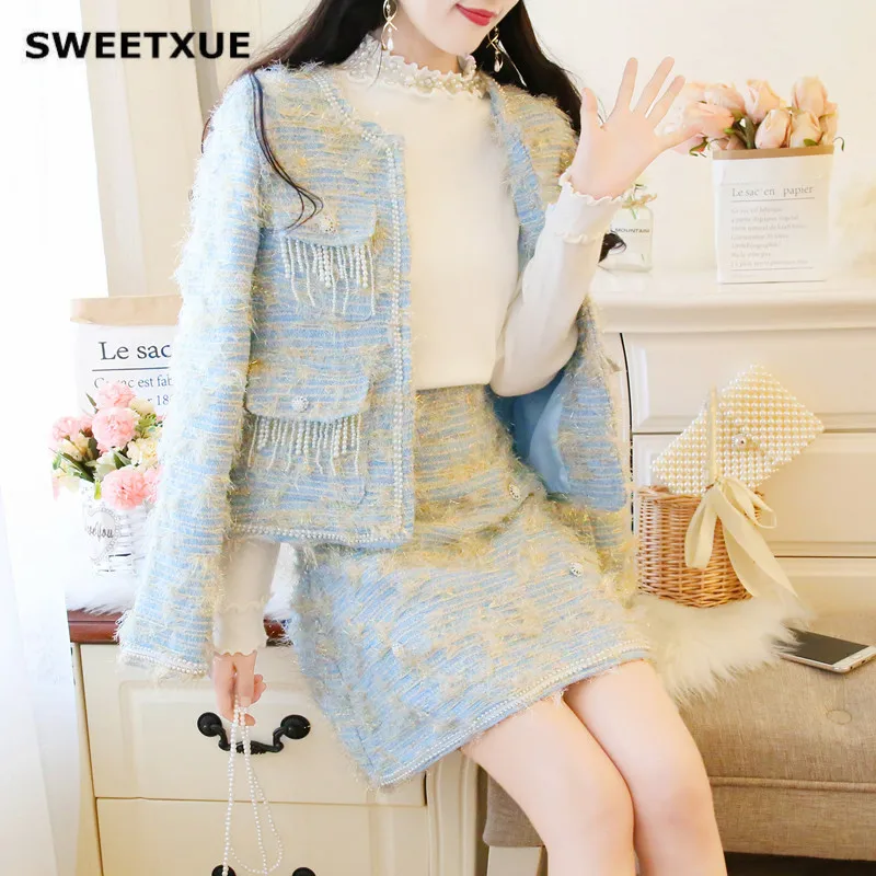 

SWEETXUE Autumn Winter 2 Piece Set Suits Women Plaid Tassels Long Sleeve Pearls Jacket Coat + Mini Tweed Skirt Temperament Sets