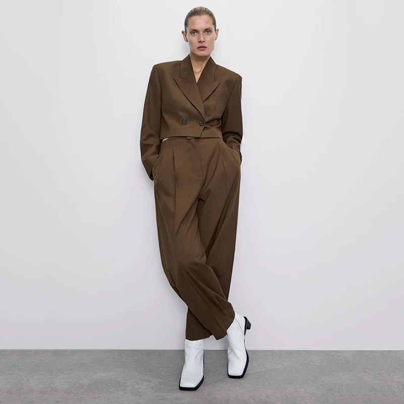 

ZA Autumn New Suit Set 2019 Women Fashion Lapel Short Long Sleeve Single-breasted Casual Jacket High Waist Pants Pleated Pants