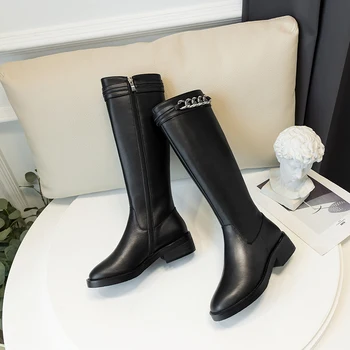 

Cow leather chain Decoration knee High Boots Women Party Night Club Shoes Woman Autumn Winter Warm ladies boots