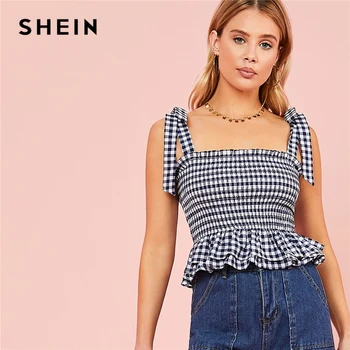 

SHEIN Navy Knotted Strap Shirred Gingham Peplum Cami Top Women Spring Summer Ruffle Hem Boho Slim Fit Plaid Vest Tops