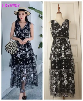 

Summer new grosgrain sequined mesh dress Sleeveless Office Lady Polyester Solid Sheath Knee-Length Regular