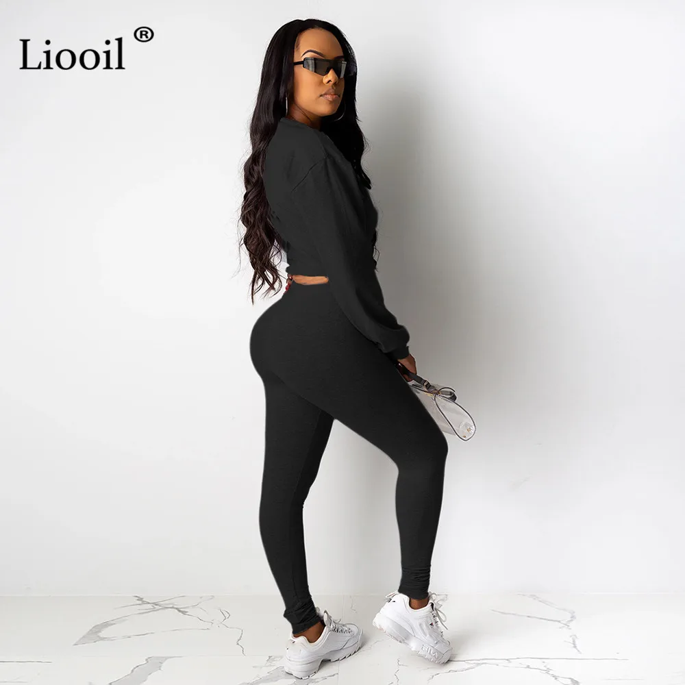 Liooil, однотонный спортивный костюм, женский комплект из двух предметов, Осень-зима, свитер с круглым вырезом и длинными рукавами и брюки-карандаш, спортивные комплекты