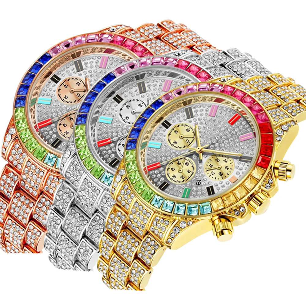 Watches for Men Luxury Hiphop Full Iced Out Watch Men Gold Colorful Rhinestone Hip Hop Watch Quartz Wristwatch Relogio Masculino