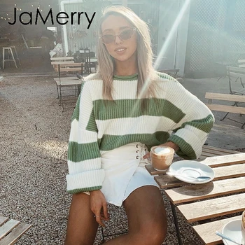 

JaMerry Vintage striped knitted sweater women O neck thick pullover female jumper Loose soft streetwear casual wool sweater