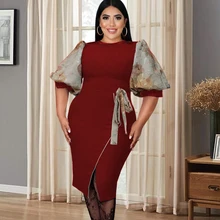 Short Lantern Sleeve High Waist Slit Patchwork Bodycon Dresses Office Lady Evening Party Dress Women Elegant Pencil Dress 2022