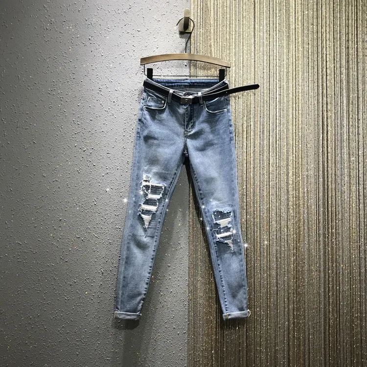 

European Stye Jeans Woman 2020 Spring New High-Waist Ripped Hot Drilling Stretch Rolled Feet Jeans Pencil Pants Women's Jeans