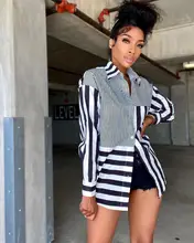 

RStylish 2021 Fashion Women Stripe Patchwork Long Sleeve Turn Down Collar Autumn Casual Office Blouse Shirts