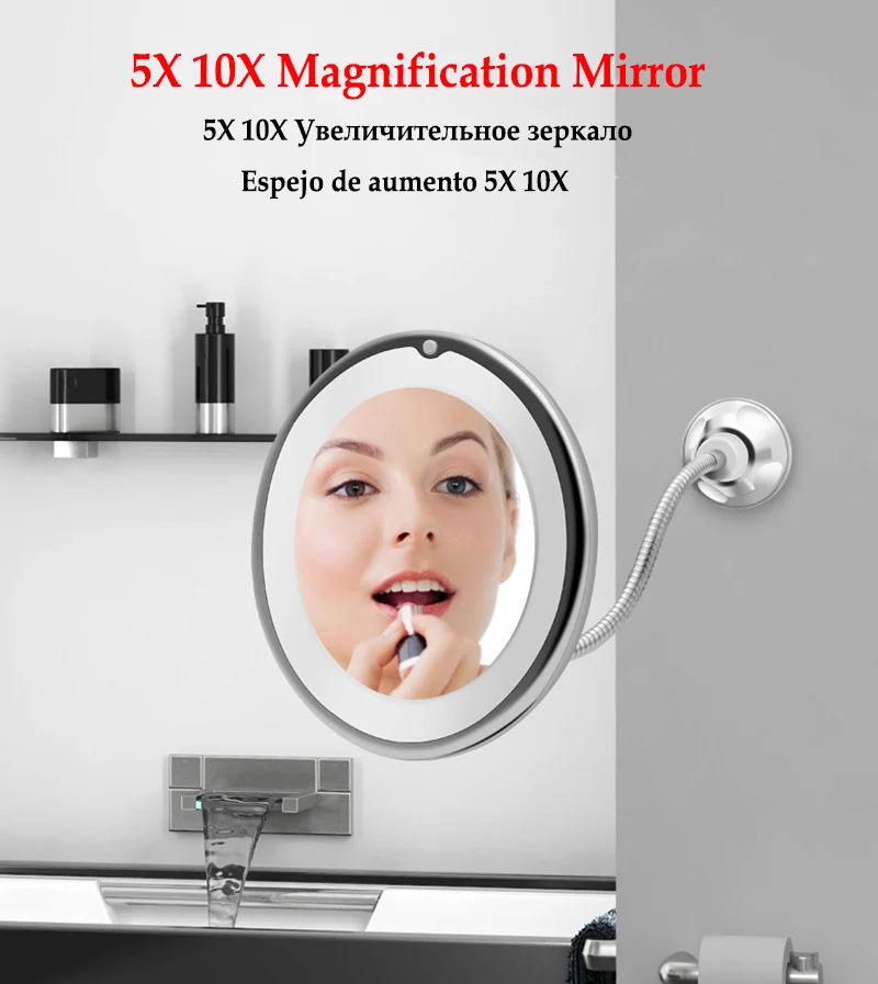 Зеркало для макияжа 10х увеличительное зеркало светодиодный светильник на присоске настенное зеркало вращение на 360 градусов гибкое зеркало для ванной комнаты косметическое зеркало зеркало для макияжа зеркало с подсве