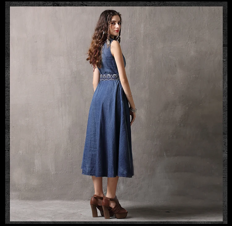 Vintage Summer Tank Dress 2019 Slim Waist Women Dresse Denim Vestidos V-Neck A-Line Sleeveless Belted Sundresses K82093 (17)