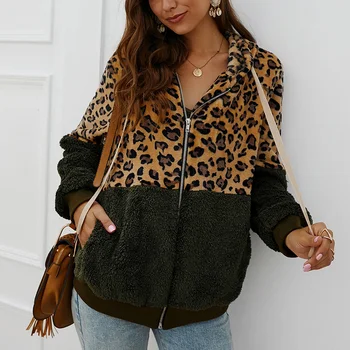 

Women Leopard Stitching Hodded Jacket Tops Winter Long Sleeve Jacket Coat EIG88