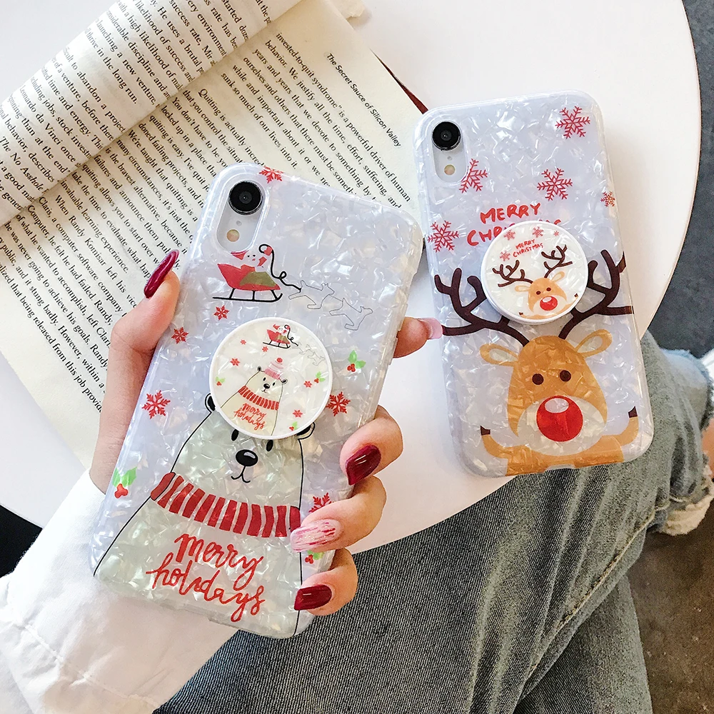 

Cartoon Christmas Stand Holder Phone Case For iPhone 11 Pro Max XR X XS Max 7 8 6S Plus Case Soft IMD Phone Cover Christmas Gift