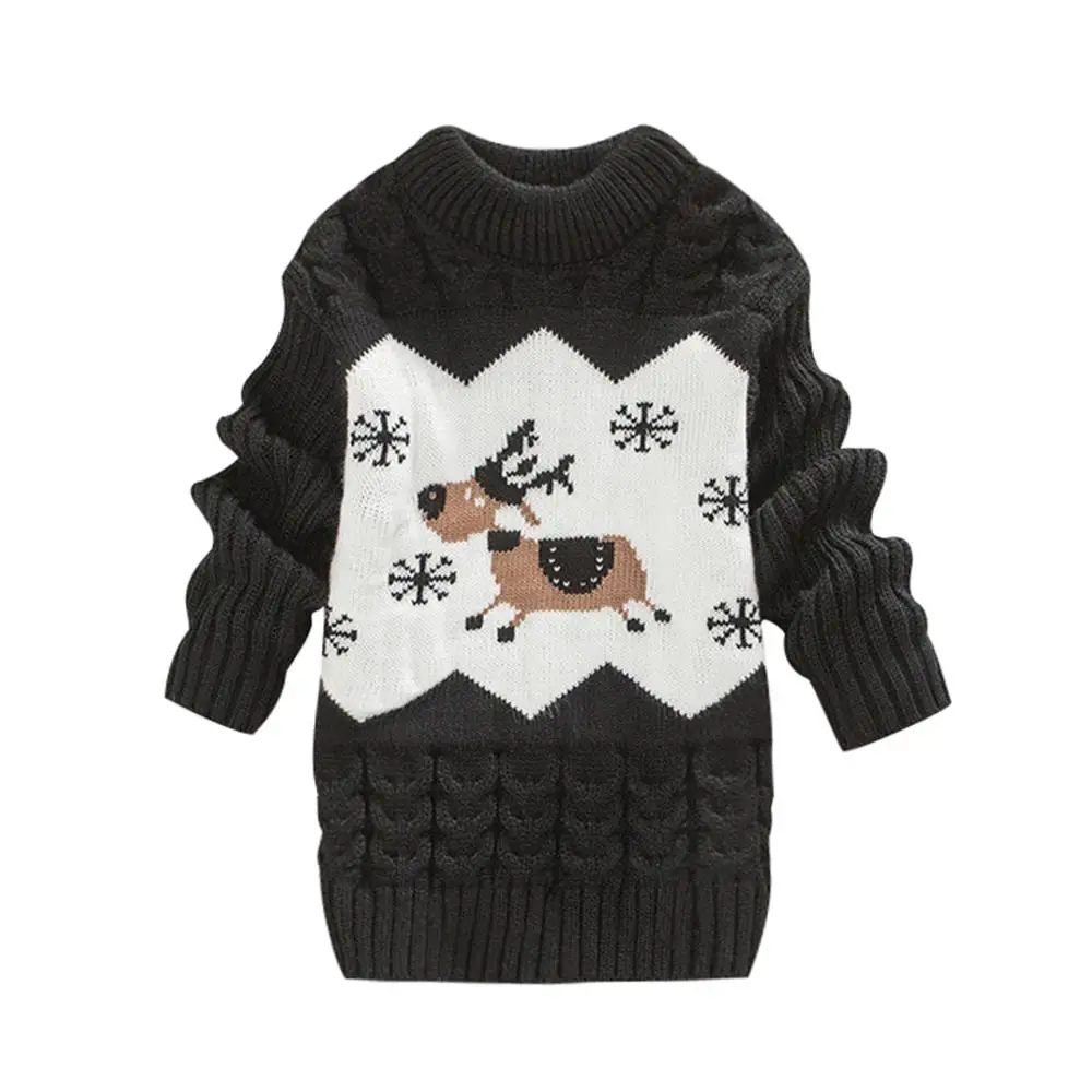 Детский Теплый свитер с рождественским оленем для маленьких девочек, вязаная футболка «кроше», модный детский свитер - Цвет: Черный