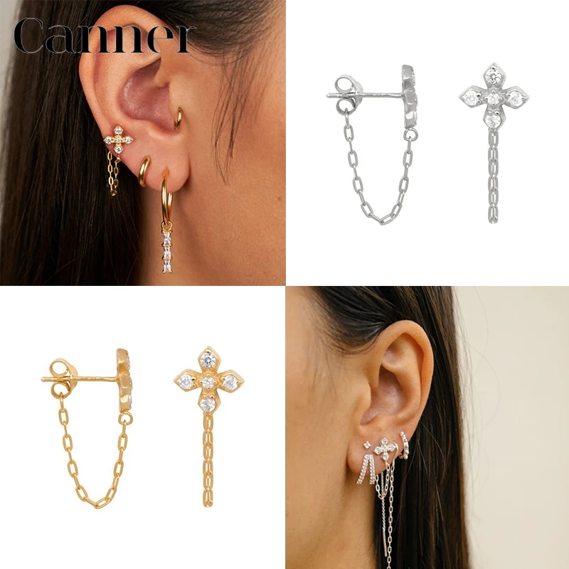 

Canner 925 Sterling Silver Stud Earrings Shiny Chic Five Zircon Cross Chain Earrings For Women Fine Jewelry Piercing Aretes W5