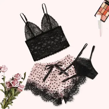 

Factory direct sales 3PC New Women Lace Stain Lingerie Camisole Wireless Bra Shorts Thong Pajamas Set Purchasing hot sale 2019