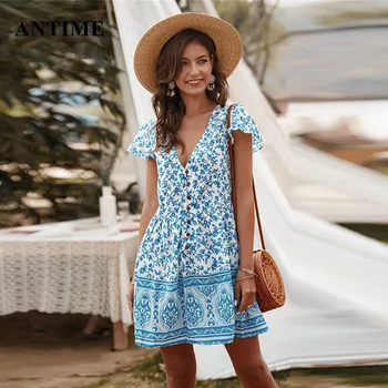 

Antime Summer Boho Mini Ruffles Beach Dress Loose Short Sleeve Vintage Button V Neck Party Women Floral Print Dresses Sundress