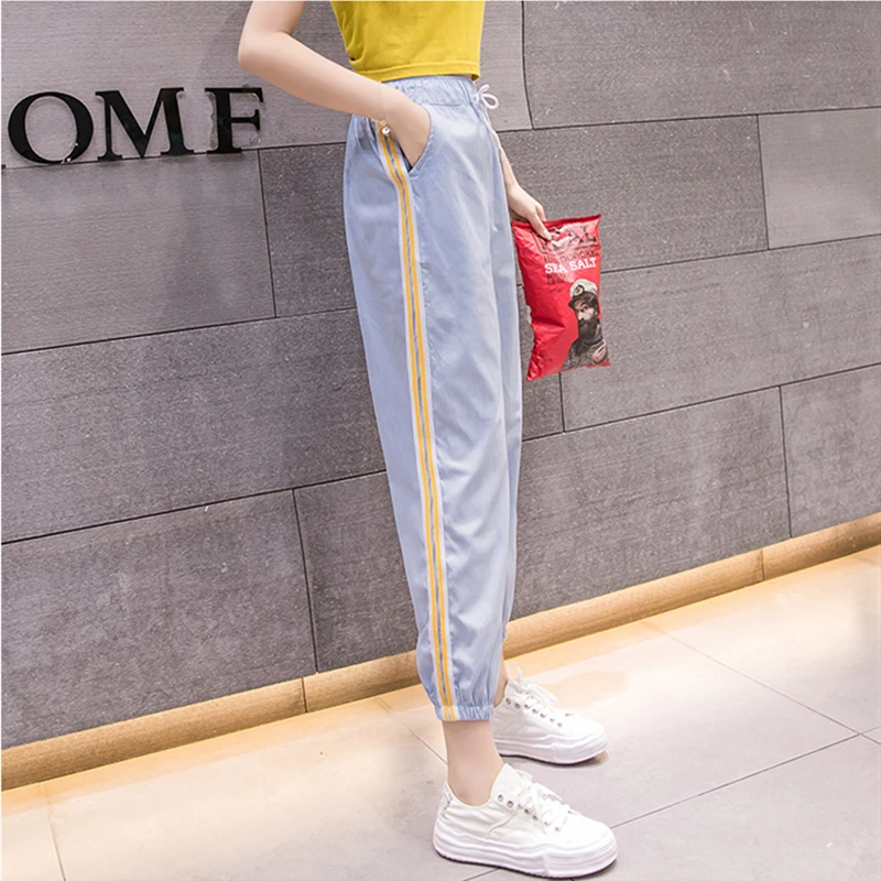 Summer Jogger Sweatpants Woman 2020 Elastic High Waist Ankle Length Pants Classic Side Stipes Tencel Casual Joggers Light Blue
Summer Jogger Sweatpants Woman 2020 Elastic High Waist Ankle Length Pants Classic Side Stipes Tencel Casual Joggers Light Blue
