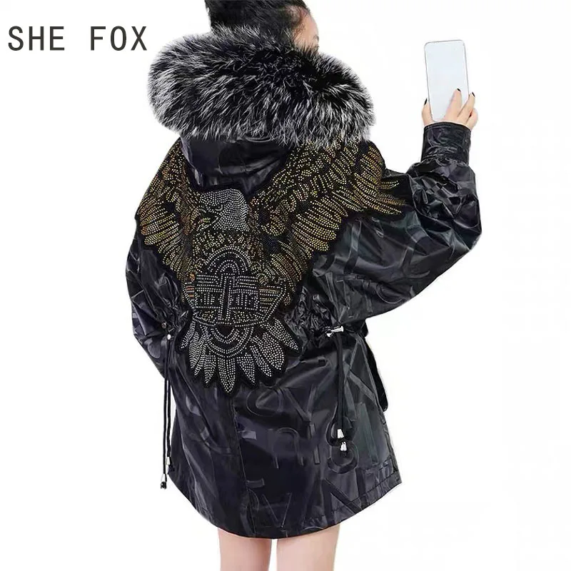 

SHE FOX Parka Mid-length Female 2020 Winter New Raccoon Fur Collar Fur Rex Rabbit Liner Detachable Coat Women