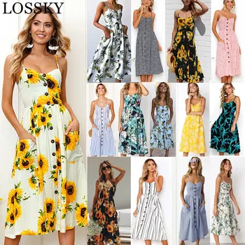 

2019 Summer Sunflower Dress Women Party Dress Plus Size Flower Beach Dress Female Floral Backless Midi Striped Dress Ladies 3XL