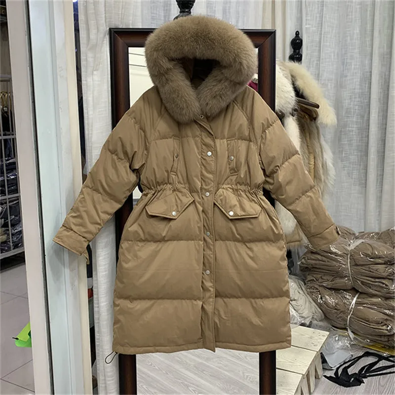Зимняя женская куртка с воротником из натурального Лисьего меха, с капюшоном, 90% белый утиный пух, женское длинное пальто, утепленная парка с подкладкой