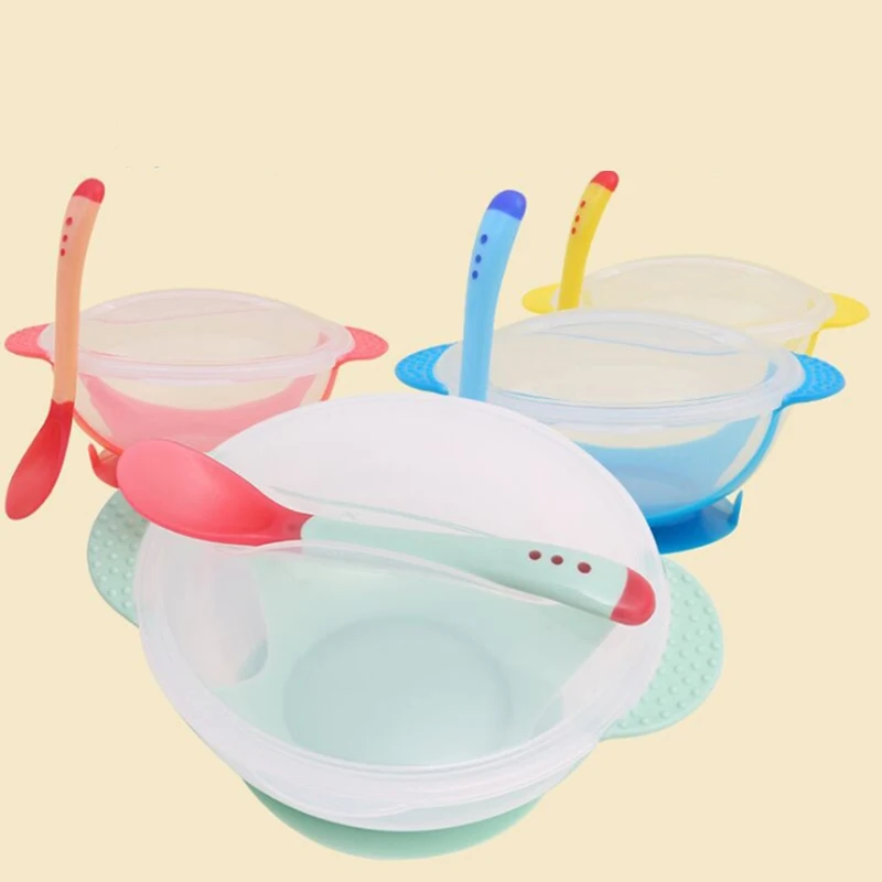 

Baby Bowl Set Training Bowl Spoon Tableware Set Dinner Feeding Bowl Learning Dishes With Temperature-sensitive Spoon Children