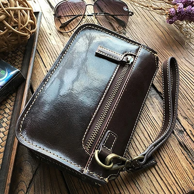 Coffee Large Real Cowhide Designer Large Capacity Men Clutch Purse Zipper Fashion Retro Day Clutches Wristlets Multifunction Organizer Wallet - Цвет: Coffee Large