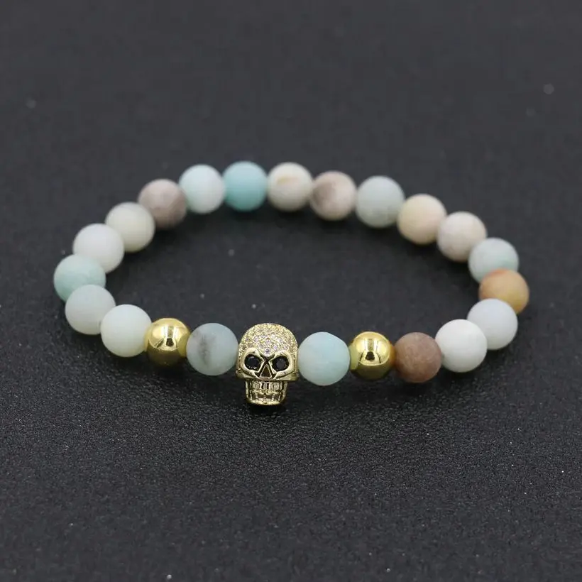 

Natural Amazon Stone Strand Charm Micro Crystal Zircon Skull Ghost Head Bracelet Men Lucky Couple Bracelets For Women Love Gift