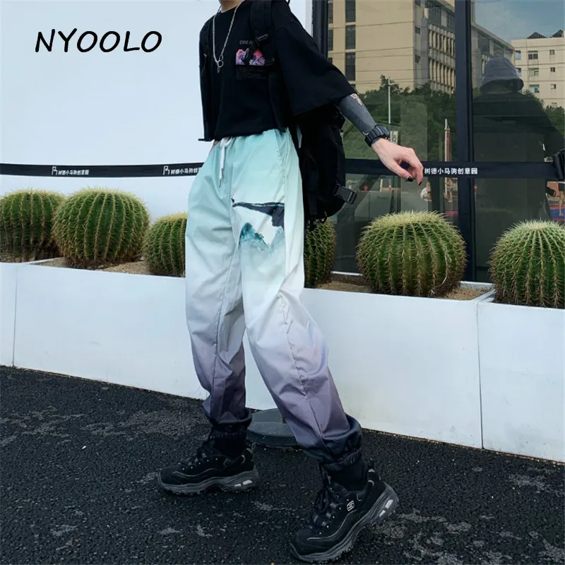 NYOOLO Харадзюку уличная хип хоп градиентный Пейзаж печати Брюки повседневные эластичные талии лодыжки длина брюки для женщин и мужчин одежда - Цвет: Серый