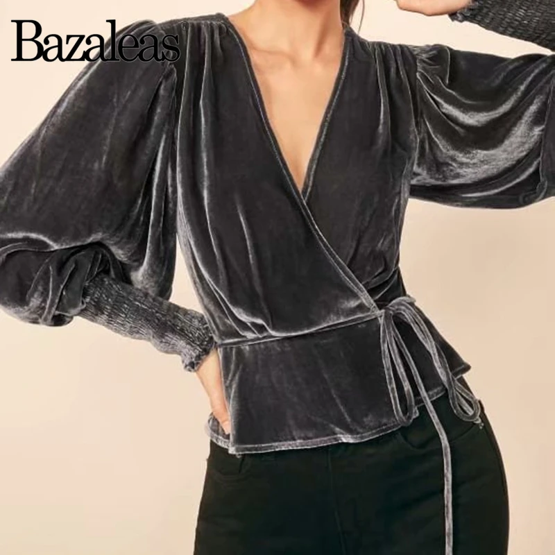 Bazaleas, винтажная женская блузка с запахом, шикарная, бархатная, серая, blusas mujer de moda,, блузка с длинным рукавом