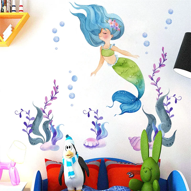 Zollor Cartoon Mermaid Underwater World Wall Sticker Bedroom Living room Shower Room Background Wall Creative Decoration Sticker