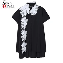 New 2021 Woman Summer Short Sleeve Black White Blouse Oversize With Flowers Patches Ladies Unique Style Shirt chemise femme 8315