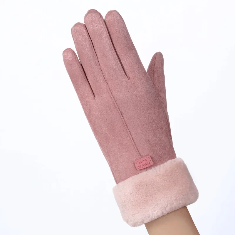 PINK C Женские замшевые перчатки с сенсорным экраном, сохраняющие тепло, милый медведь, кошка, варежки, двойные толстые плюшевые наручные женские перчатки для спорта на открытом воздухе, перчатки для вождения - Цвет: PINK C