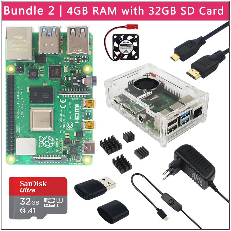 Bundle 2 (4GB RAM) Raspberry Pi 4 модели B 1/2/4GB Оперативная память+ чехол+ вентилятор+ теплоотвод+ Мощность адаптер+ 32/64 Гб SD карты+ HDMI кабель для RPI 4B - Комплект: Bundle 2 (4GB RAM)