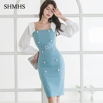 

Lady Elegant Office Dress 2020 Spring Comfortable Square Collar White Long Sleeve Stitching Blue High Waist Pencil Dress Women