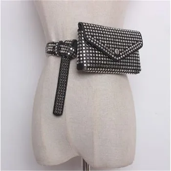 

Women's Waist Bag Black Fashion Mobile Phone Bag Rivets Inlaid Designer Casual PU Leather Luxury Punk Belt Bag Purse 2020 New