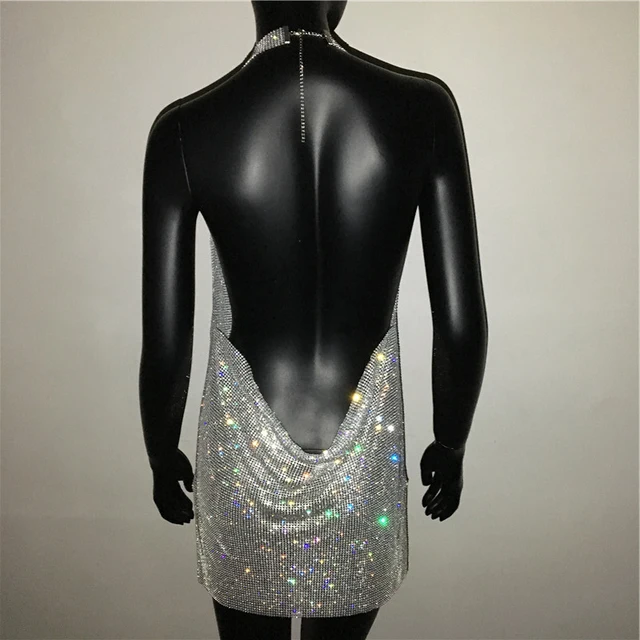 2021 NEW Sexy Deep V Neck Crystal Dress Women Luxury Rhinestone Halter Dance Party Diamante Backless Split Mini Dresses 6