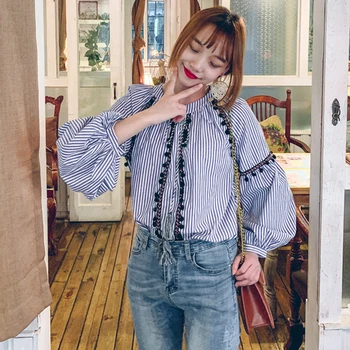 

Summer Thailand Ethnic-Style Stripes Tassels Vacation Style Tops Korean-style Chi Lantern Sleeve Loose-Fit Tops Shirt Women's