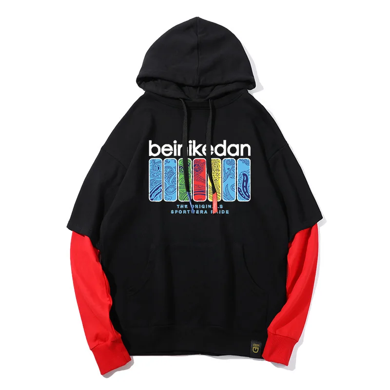 

2019 Fashion Autumn Red Hoodies Pure Cotton Male Sweater Two In One Split Joint Students Sports Coat Long Sleeve Warm Sport Men