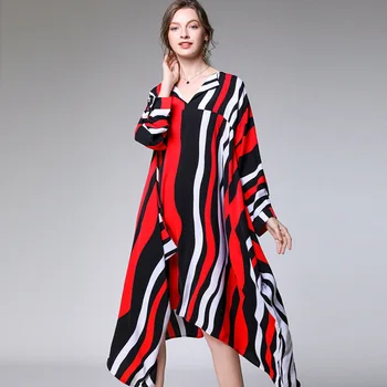 

Plus Size 2020 Spring European Style Leisure Clothing Loose Long Sleeve Retro Printed Stripe Irregular Dress Women Robe