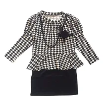 Весенне-осеннее повседневное модное платье для маленьких девочек Рисунок гусиная лапка платье с длинными рукавами в стиле пэчворк и ожерелье