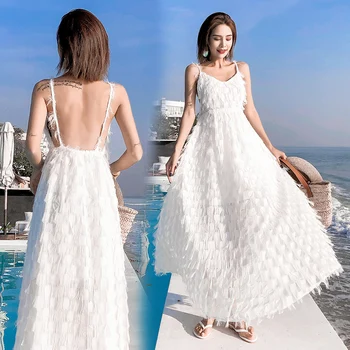

2020 White Mesh Lace Casual Elegant Beach Style Travel Off Shoulder Backless Dress Midi Party Nightclub Vestidos