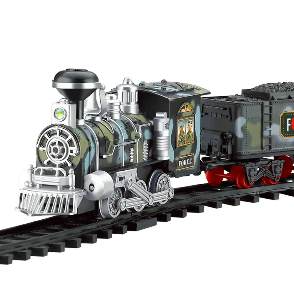 Remote Control Army Train Set - Battery Powered Steam Locomotive Engine Train with Real Smoke, Music & Lights