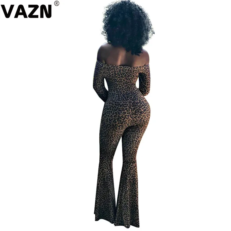 VAZN SN3690 Leopard New Overalls High-end Sexy Soft Mature Fashion Slash Neck Full Sleeve High Waist Women Long Pants Jumpsuits