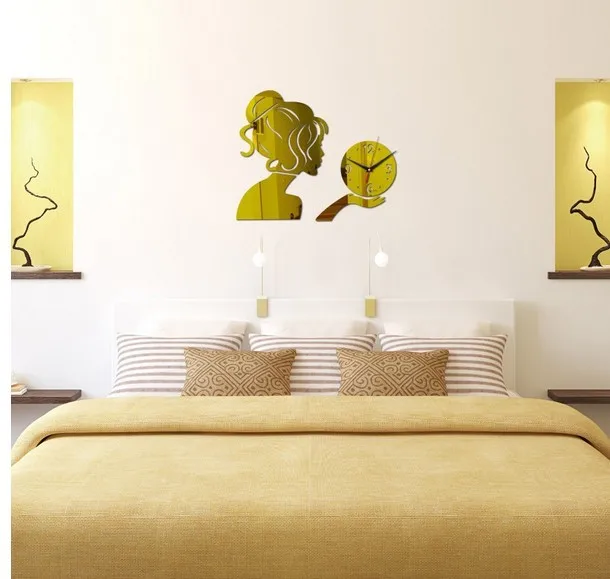 DIY Wall Clock Creative Living Room Decoration Craft Mirror Girl Mirror Stickers Clock