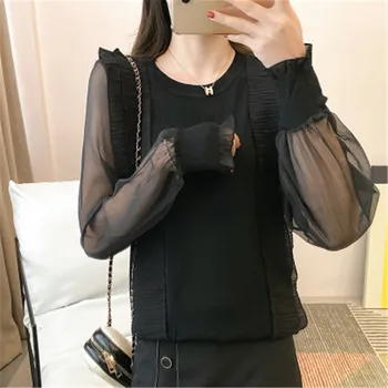 

Knitwear women 2020 spring new Korean stitching chiffon long-sleeved hollow sweater outer pullover jacket office casual clothing