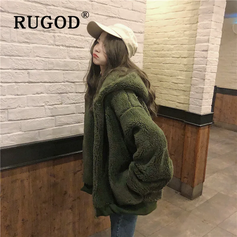 RUGOD корейский стиль Винтаж утолщаются Негабаритных Толстовки на молнии сплошной цвет кашемировое пальто Женская мода