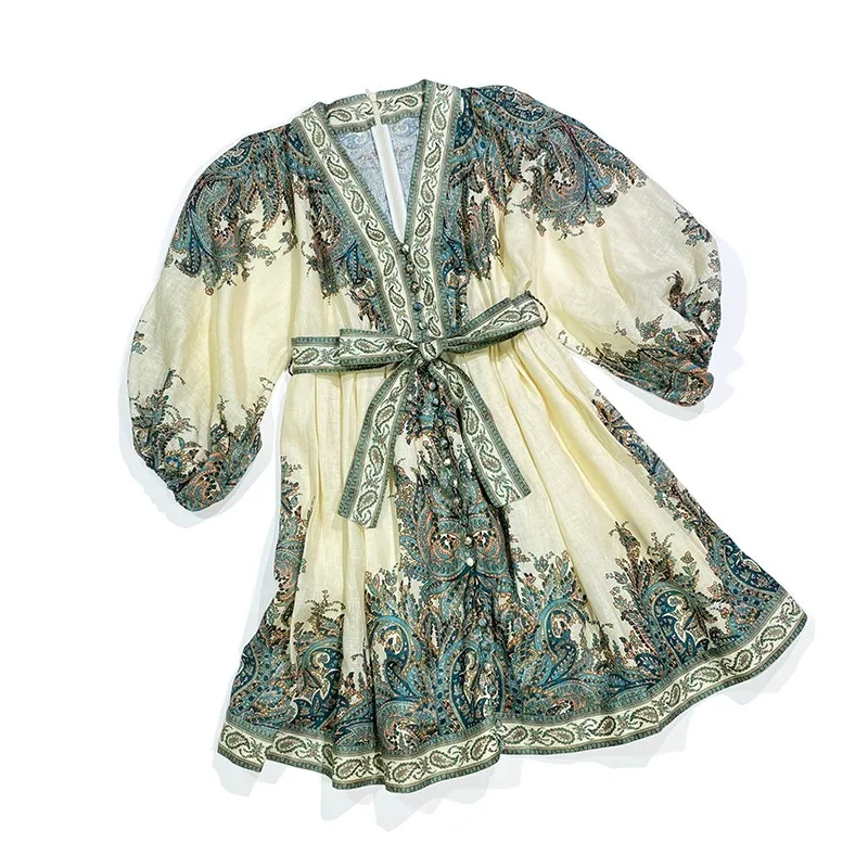 

Ladies Vintage Clothing 2020 Autumn New Fashion Blogger Style Retro Print Lantern Sleeve Elegant Designer Linen Mini Smock Dress