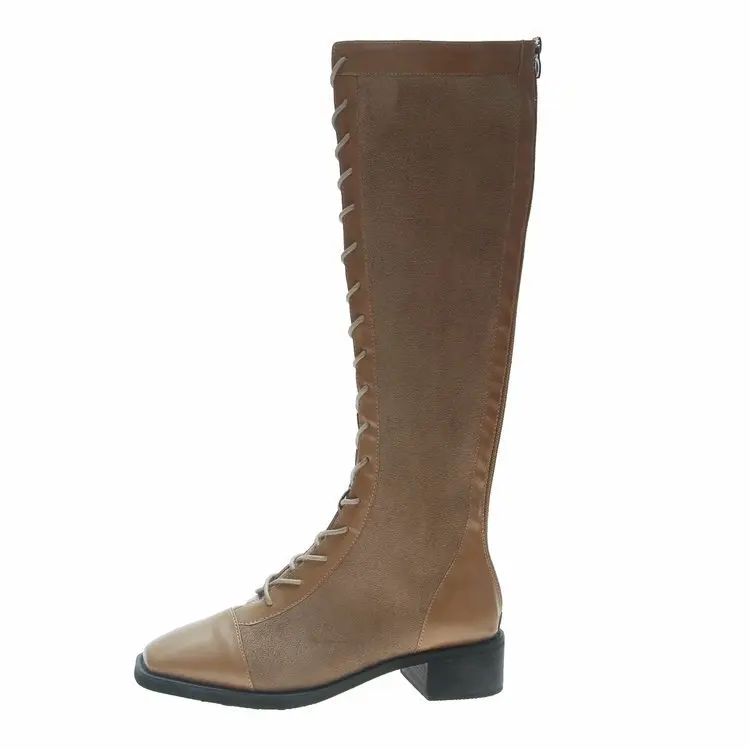 

Hot Sale Lacing Knee High Boots Autumn Winter Women Knight boots Fashion Splicing Square Toe Woman Leather Vintage Shoes