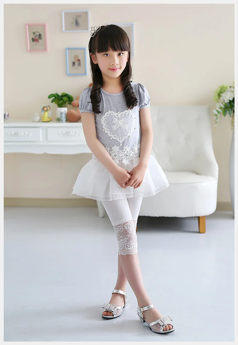 High Quality 2021 New Summer Girls Leggings Pants Lace Cotton Children Clothing Flower Girl Knee Pants